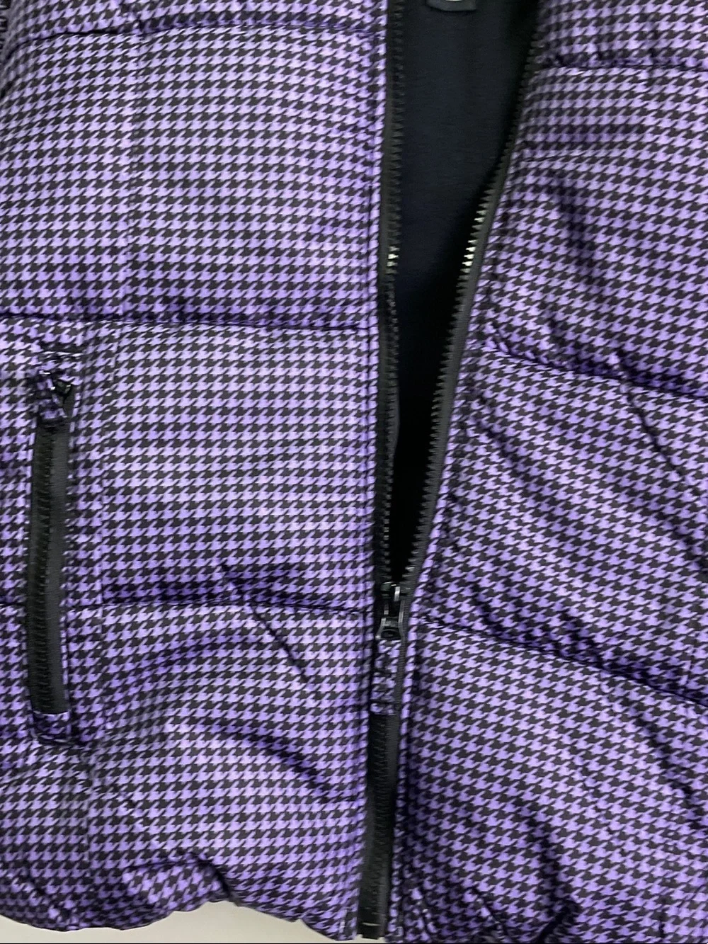 London Fog Girls Purple Houndstooth Puffer Coat with Faux Fur Hood and Beanie